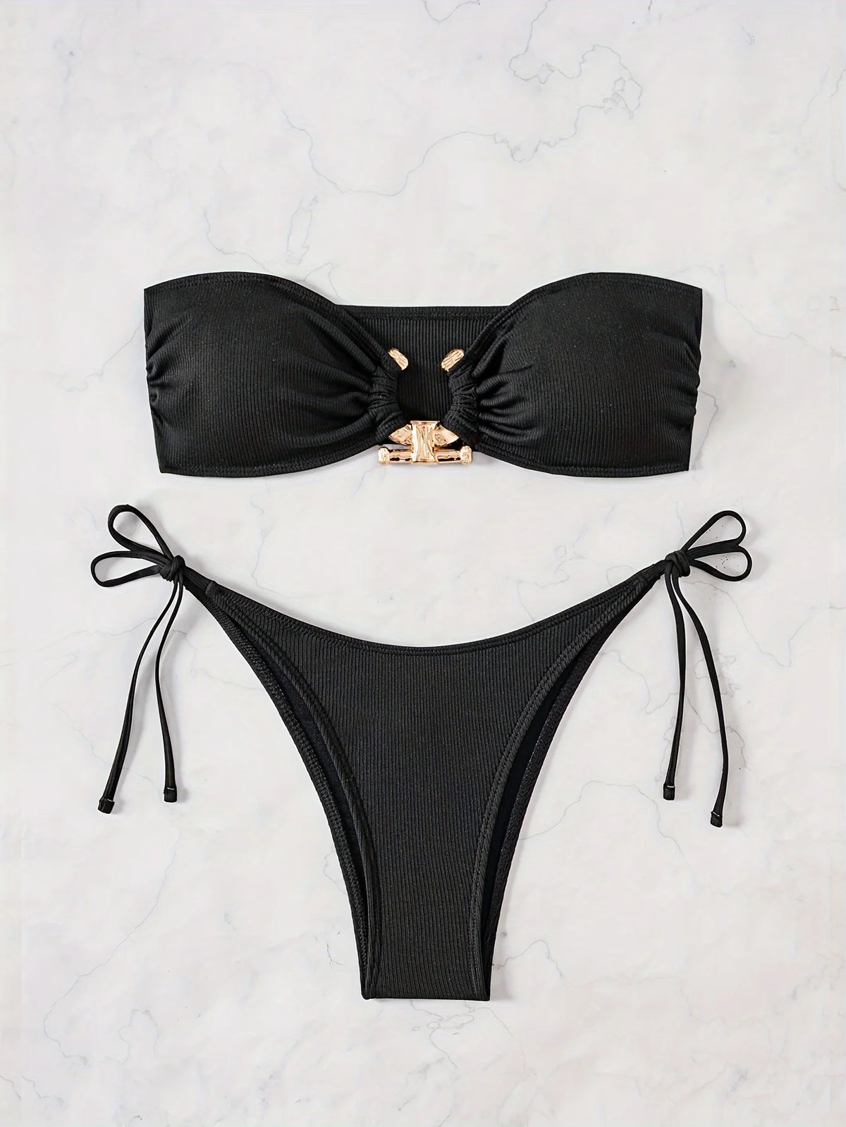 ZTVitality Sexy Bandeau Rib Knit Tie Side Black Bikini Set 2024 Biquini New Arrival Padded Strapless Swimsuit Women's Swimwear