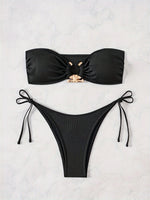 ZTVitality Sexy Bandeau Rib Knit Tie Side Black Bikini Set 2024 Biquini New Arrival Padded Strapless Swimsuit Women's Swimwear