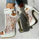 Summer Party Ankle Booties Black High Heels Platform Sandals Women Peep Toe Elegant Lace White Wedding Bridal Dress Shoes