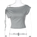 FDYOUI Women's Diagonal Collar Gray T-shirts Y2K Female Off Shoulder Lace-up Holes Cropped Tops Casual Black T Shirt Streetwear