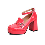 Plus Size Smooth Patent Leather Instep Metal Belt Square Buckle Platform High Thick Heel Ankle Buckle Sweet Lolita High Heels