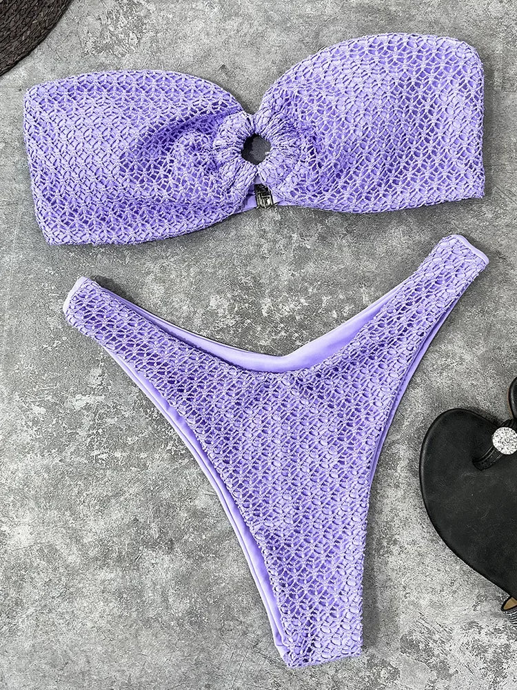 Sexy Fishnet Strapless Bandeau Bikini Women Swimsuit Female Swimwear Two-pieces Bikini set High Cut Bather Bathing Suit Swim
