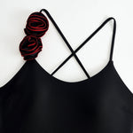sexy 3D flower back tie swimsuit one piece bikini thong swimwear bodysuits women biquini bathing suits solid black color