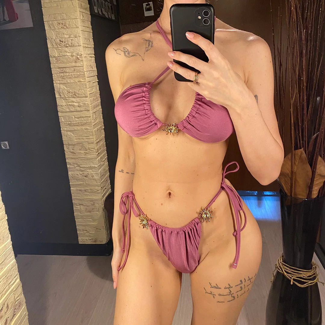 With Skirt Halter High Cut Strappy Bikini Female Swimsuit Women Swimwear Three-Pieces Bikini Set Bather Bathing Suit Swim V6398