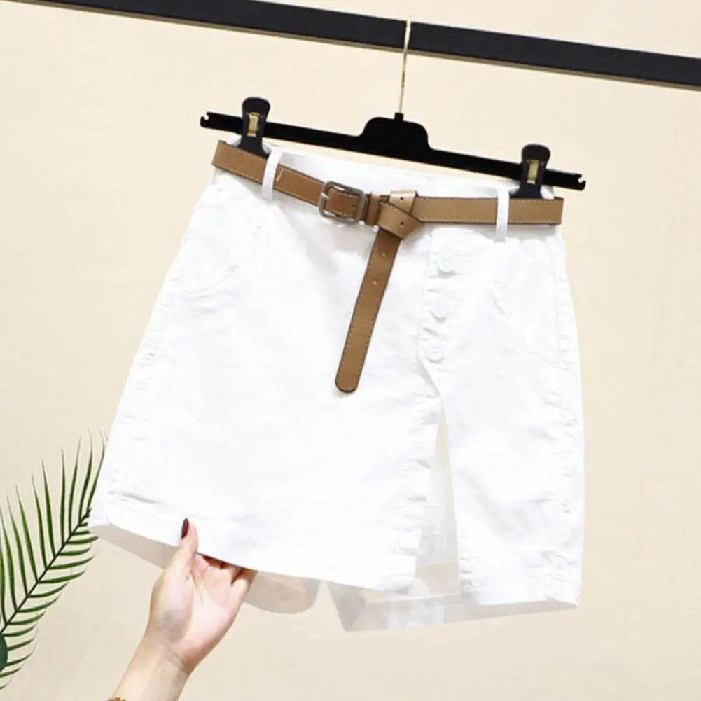 Women Skirt Shorts Above Knee Length High Waist Fake Two Piece Button Decor Side Split Pockets Straight Streetwear