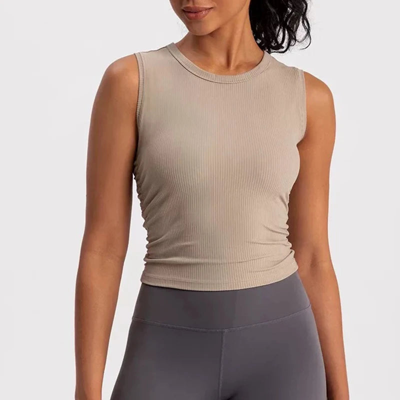 Women's Summer Nude I-Shaped Yoga Sports Vest Slimming Quick Dry Pleated Top for Fitness And Sports Activity