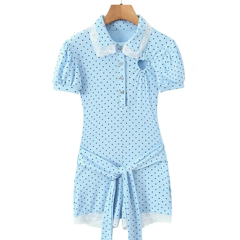 New Pure Desire Casual Style Lace Patchwork Heart Hollow Out Puff Sleeve Polka Dot Belt Jumpsuit Shorts For Woman Charming 6M0J