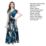 Summer Women Dress Floral Print A-line Big Hem High Waist Short Sleeves Round Neck Pleated Mid-calf Length Party Commute Dress