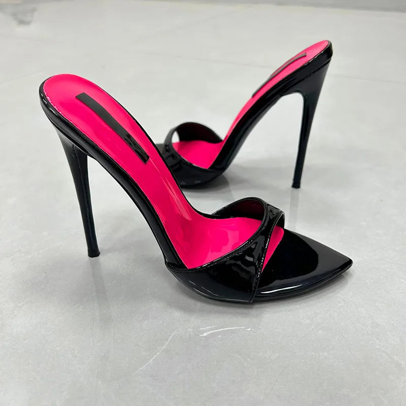 Patchwork Stiletto Heel Slippers Newest Pointed Open Toe One Strap Thin Heel Slip-on Sandals Sexy Big Size Dress Heels 12cm