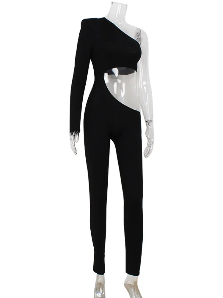 Ahagaga Sexy Club Women's Jumpsuits Single Sleeves Solid Skinny Hollow Out Long Pancil Pants Streetwear Causal Female Rompers