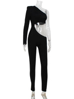 Ahagaga Sexy Club Women's Jumpsuits Single Sleeves Solid Skinny Hollow Out Long Pancil Pants Streetwear Causal Female Rompers