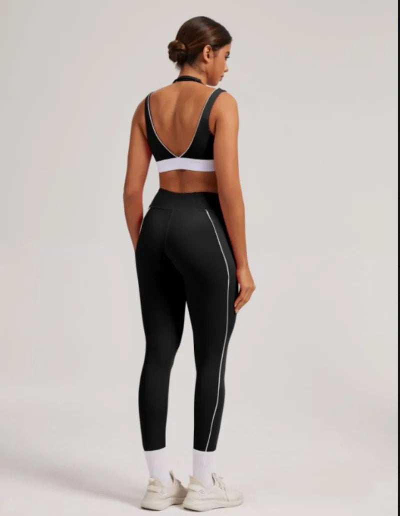 Women's Yoga Sets Sports Fitness V-Neck Halter Sports Bra Color-Block Hip-lifting Pants Suits Running Training Workout Gym Sets