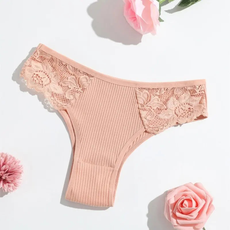 1 Pack Women's Lace Trim Ribbed Cotton Panties Breathable Low-Waist Briefs Sexy Side Lace Lingerie Skin-Friendly Underwear S-L