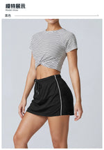 Women's Yoga Outfit Set Black Stripe Tennis Skirt Workout Clothes Short Sleeve O Neck Sports T Shirts Mini Skorts Fitness Sets