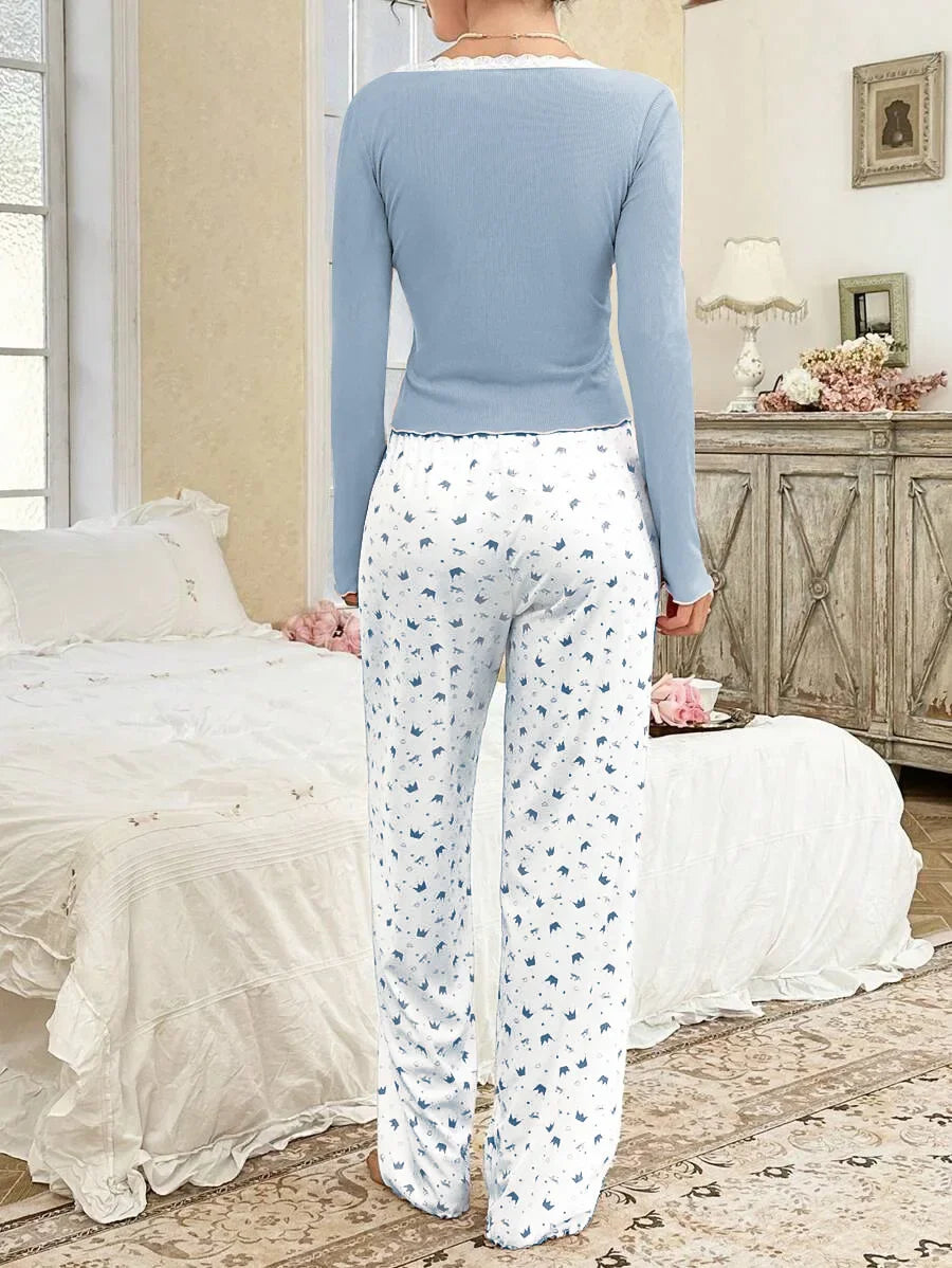 Women SleepwearLong Sleeve T-shirt with Long Trouses Set Autumn Winter Pajamas Set Homewear Femme Loungewear
