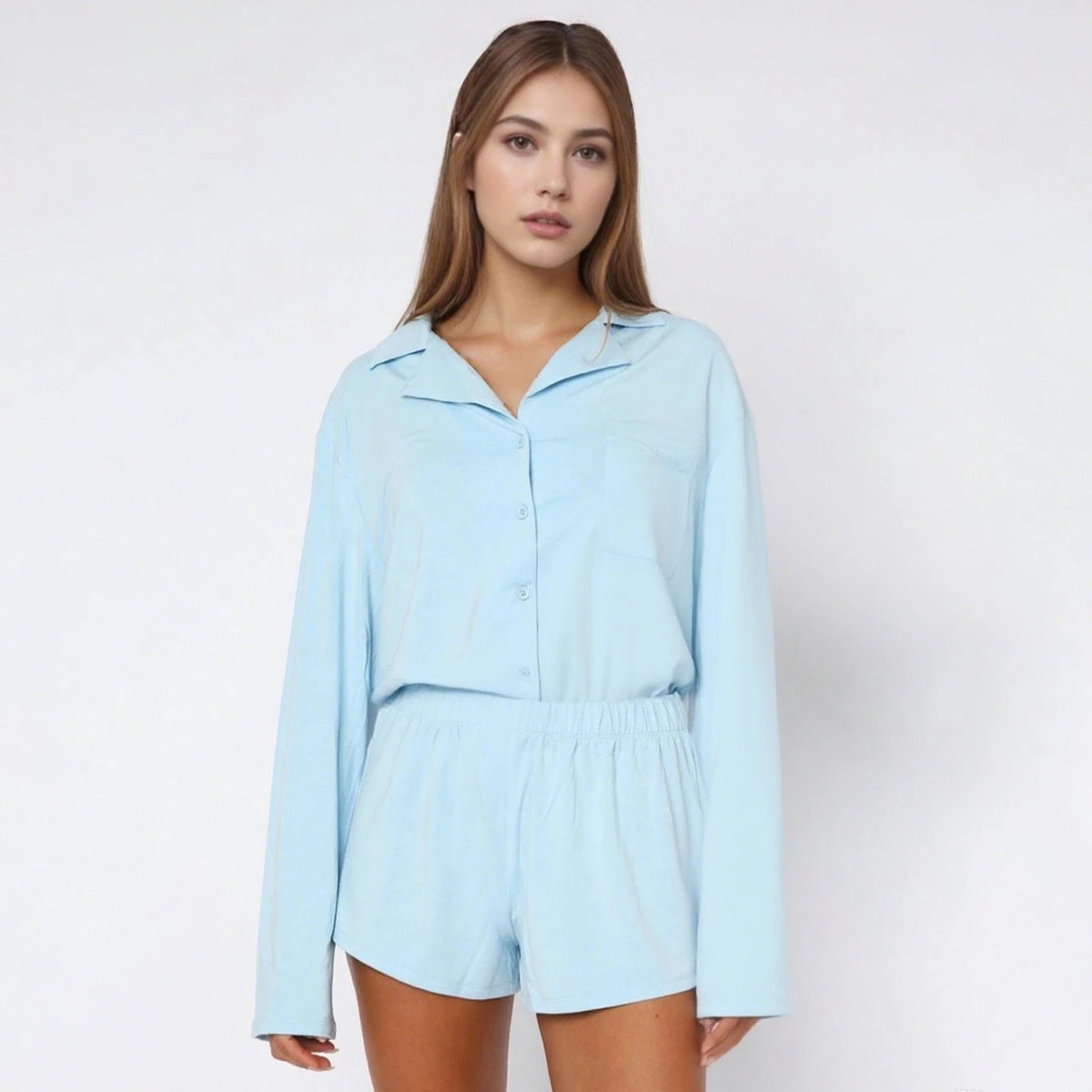 Women Fall 2 Piece Pajamas Set Solid Color Button up Long Sleeves Shirt and Elastic Shorts for Loungewear Soft Sleepwear