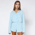Women Fall 2 Piece Pajamas Set Solid Color Button up Long Sleeves Shirt and Elastic Shorts for Loungewear Soft Sleepwear