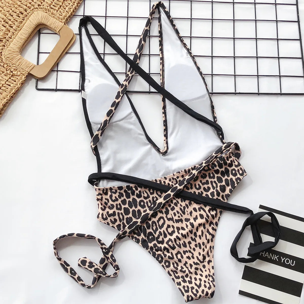 Sexy One Piece Swimsuit Swimwear Women Leopard Patchwork Cross Long Straps Deep V-neck Bathing Suit Beach Banadores Mujer 2026