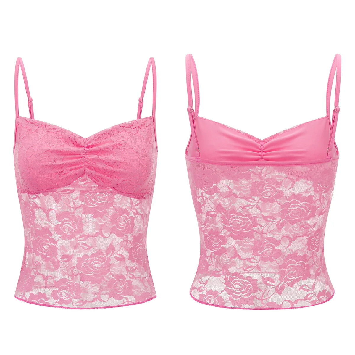 Women's Lace Cami Tops Sleeveless Ruched Front Solid Color Camisole Slim Fit Tank Tops Summer