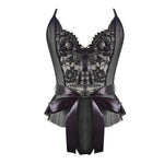 Sexy See Through Lingerie Woman Lace Transparent Underwear Bodysuits Deep V Neck Ruffle Hem Satin Bow Sheer Mesh Teddy Body Suit