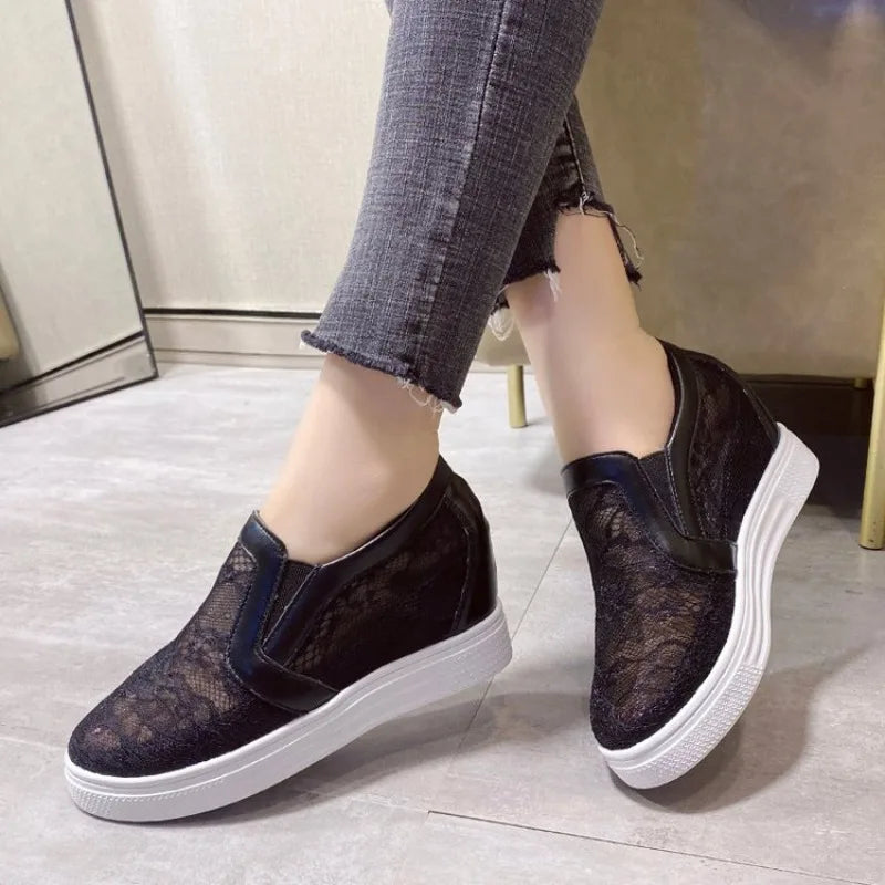 Slip On Height Increasing Mesh Shoes Women 2026 Summer Breathable Hollowed Wedge Heel White Sneakers