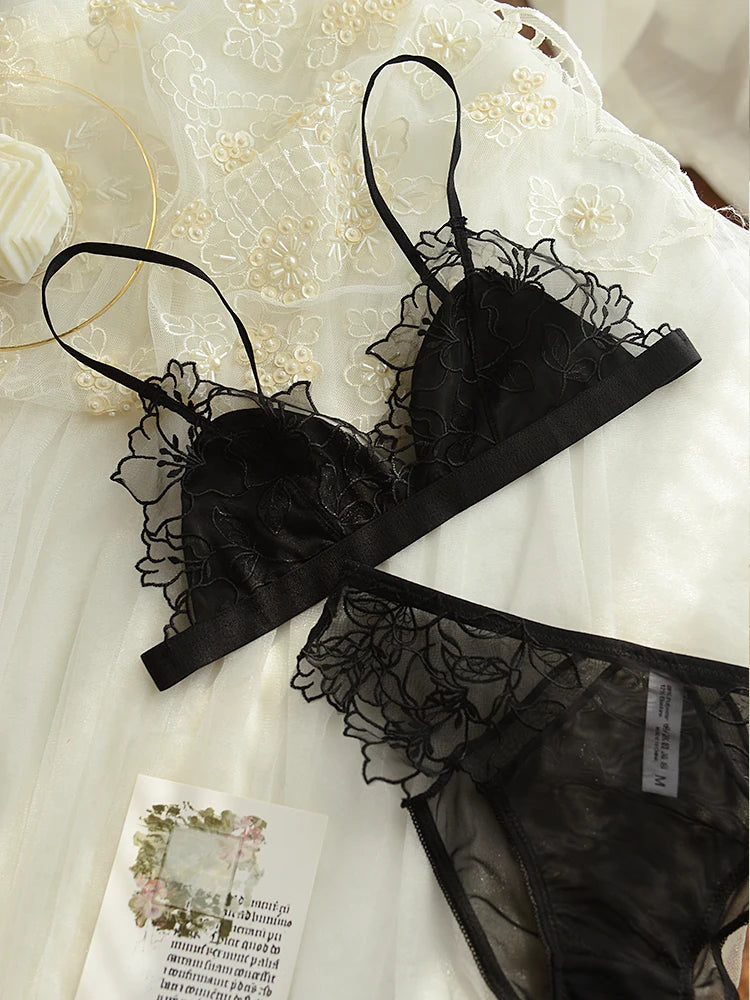 MOYISU French Style Sexy Embroidered Lace Bra Set - No Underwire Triangle Cup Small Breasts Underwear for Big Breasts Women