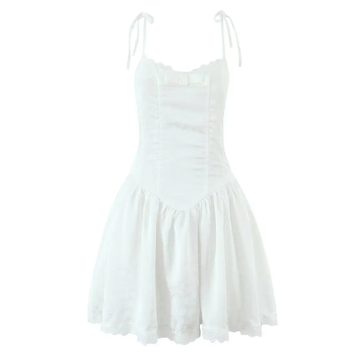 Women's Dark Pattern Bow Cute Sweet Princess Dress White And Pink Strap Mini Dress With Lace Trim Bow And Flared Ruffle Hem SK6A
