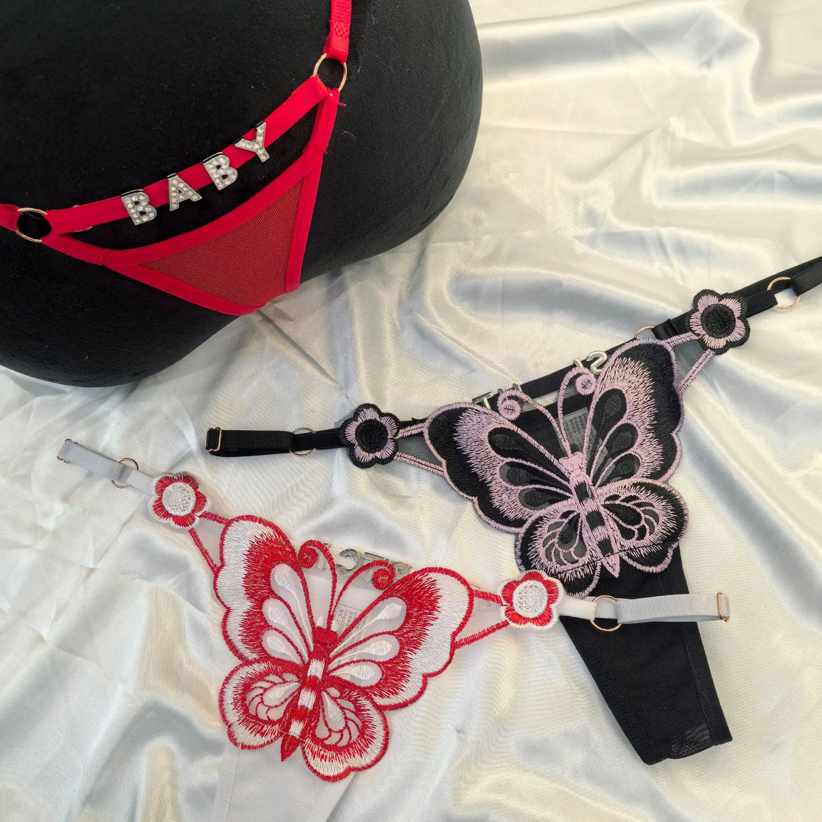 Adjustable Rhinestone Letters Sexy Panties Temptation Butterfly Thong Women Underwear G-string Hollow Out Breathable Lingerie