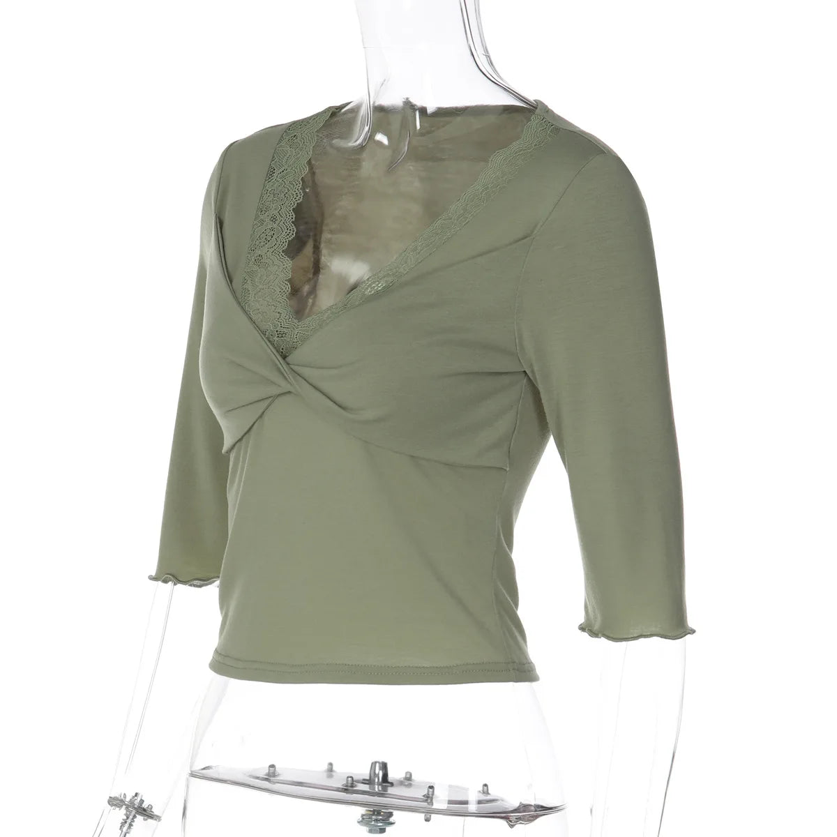 FDYOUI Women's T-shirt Tops Casual Fashion Lace Patchwork Green T Shirts Female Clothing V-neck Ruched Slim Crop Top Streetwear