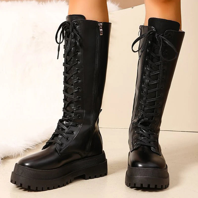Motorcycle Thick Bottom Boots Women Spring Autumn Punk Zipper Up Knee High Boots Woman Lace Up Black Pu Leather Botas Female