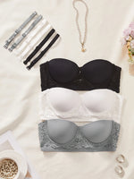 3PCS Women Demi Cup Lace Bra Detachable Straps Underwire Push Up Brassiere Sexy Stylish Strapless Lingerie