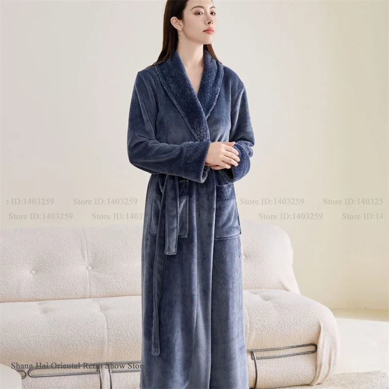 Couple Plus Size Winter Bathrobe Thick Coral Fleece Long Robe Soft Flannel Kimono Gown Loose Home Sleepwear Loungewear