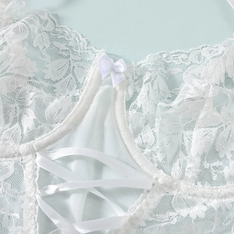 Sexy WhiteTulle Nightdress Woman Lingerie & ThongV-neck Open Sleep Skirt Erotic Pajamas Garter Dress Set See Through Nightwear
