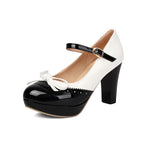 Plus Size Crossed Thin Ribbon Bow Shallow High-Heeled Shoes Patent Leather Splicing White PU Sweet Lolita Style Pumps