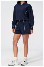 Summer Sun Protection Yoga Suit Women Contrasting Colors Long Sleeve Hoodies Top High Waist Shorts Running Fitness Athletic Wear