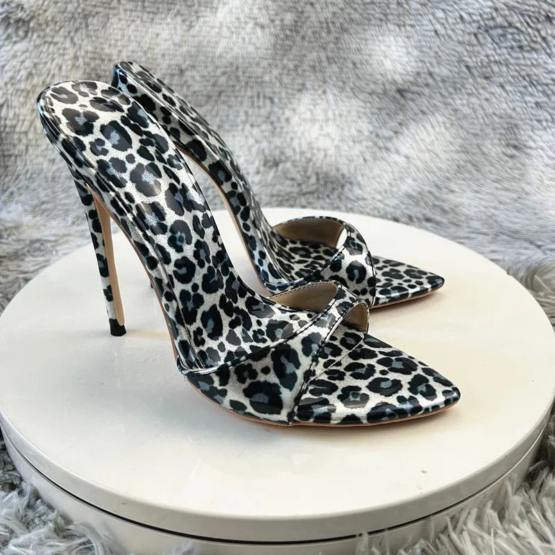 Women's Slippers Summer High Heels Pointed Head Shallow MouthGrey leopard print patent leather Print Sandals Fashion Fine Heels