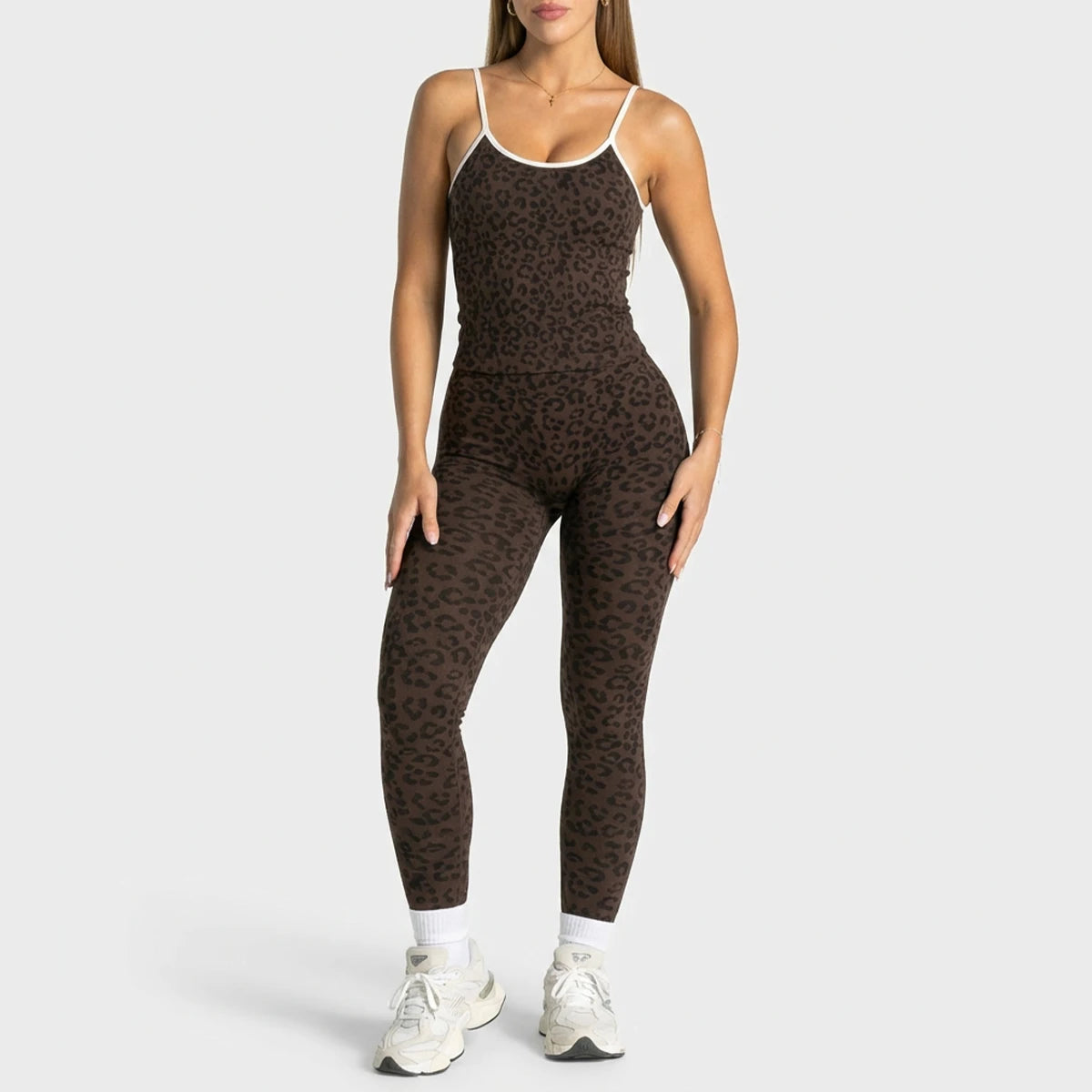 2Pcs Women Leopard Print Yoga Outfit Adjustable Strap Camisole Top High Waist Stretch Leggings Sports Pilates Workout Suit