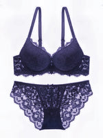 Sexy Lace Floral Women's Underwear Set Double Straps Push-Up Bra Hollow-Out Sexy Panties