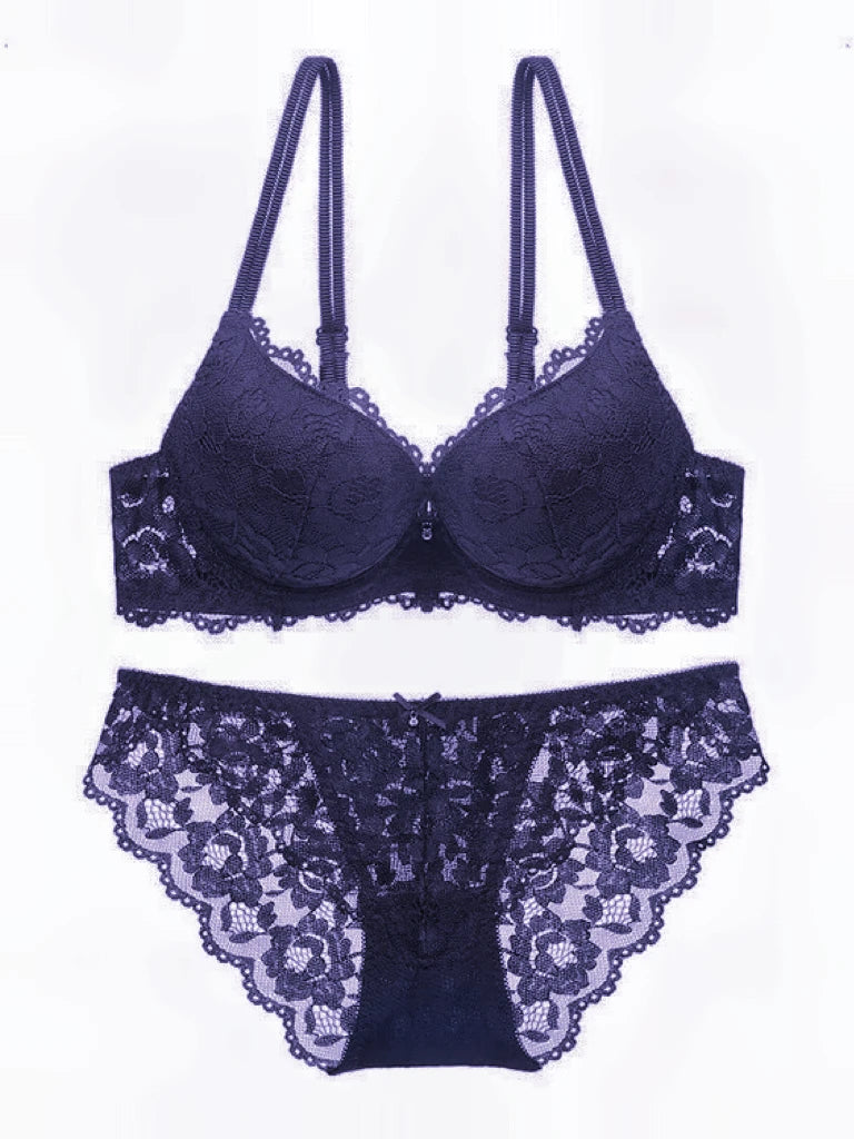 Women's Underwear Set Sexy Hollow Lace Floral Bow Padded Push up Bra Suitable for Small Busts Sexy Bras and Panties
