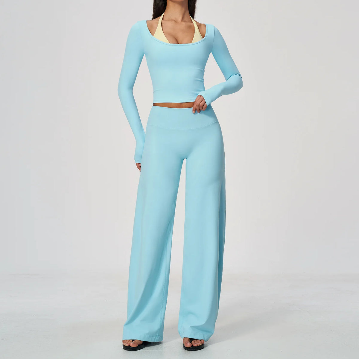 Women 2 Piece Yoga Set Gym Clothing Fitness Suit Workout Tracksuit Running Sportswear Outfits Layered Long Sleeve Wide Leg Pants