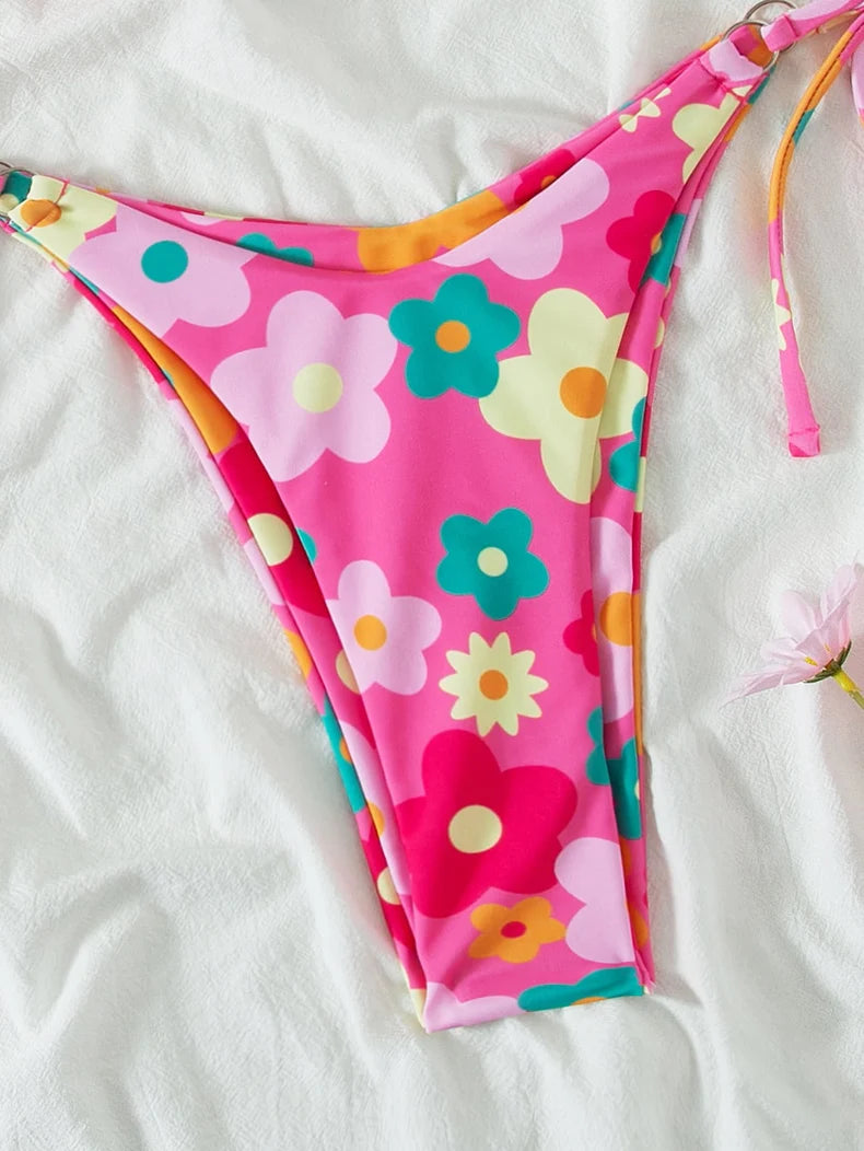 Sexy Bandeau Bikini 2025 Women Pink Floral Print Ring Circle Push Up Micro Swimsuit Off Shoulder Bathing Suit Thong Swimwear