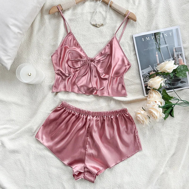 Stain Ice Silk Pajamas Set for Women Spaghetti Straps V Neck Crop Tops and Shorts 2-Pieces Sleepwear Loungewear for Home