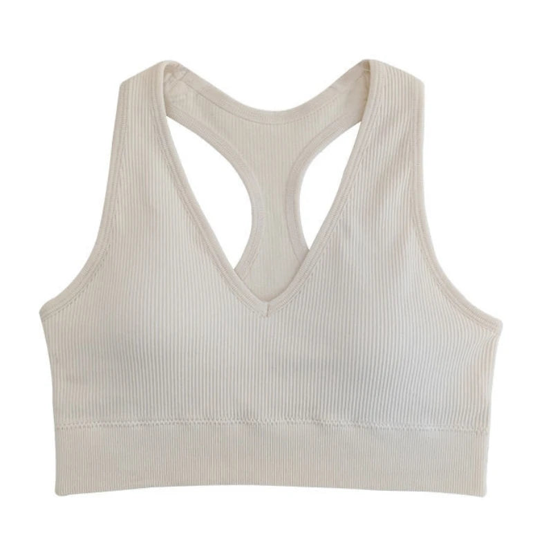2Pcs/Set Women Deep V Neck Y-Back Padded Tank Bra Rib Cropped Tank Bralette Racerback Strap Daily Inner Top One Size Underwear