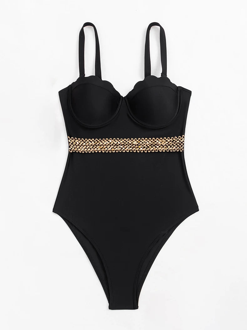 Sexy Black Knitted Patchwork One Piece Swimsuit 2026 Ruffles Push Up Underwire Slim Tummy Control Swimwear Beach Bathing Suits