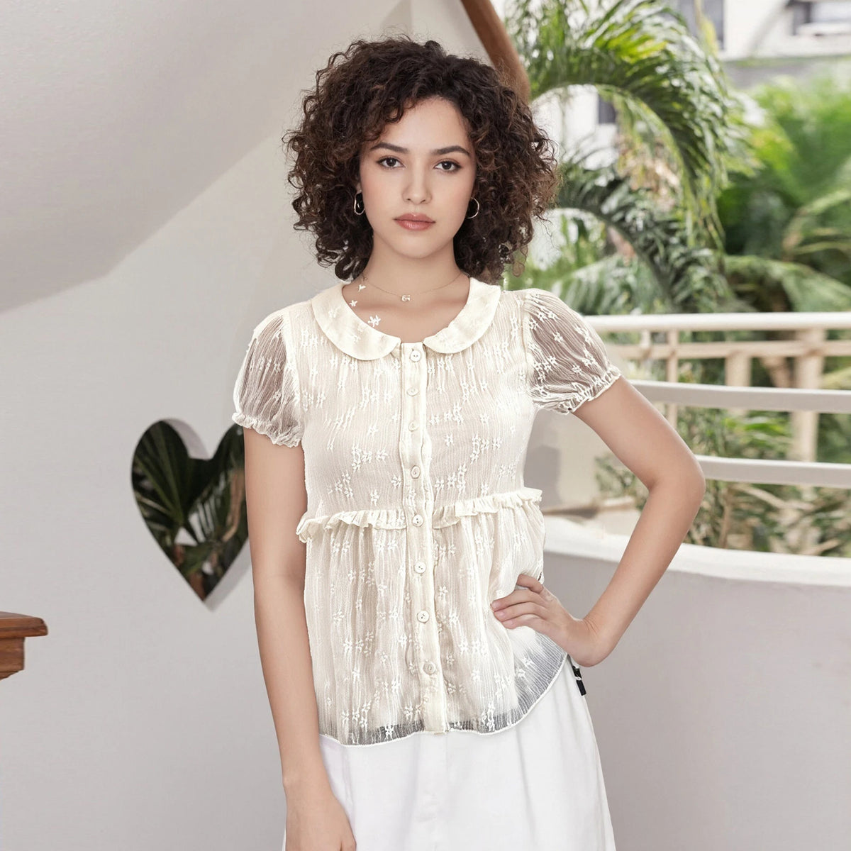 Women's Summer Solid Color Lace Short Sleeve Tops Doll Collar Button Down Ruffled Loose T-shirts