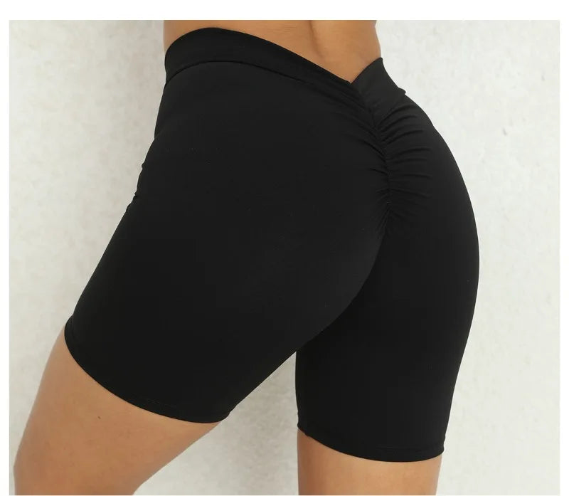 Sexy High-Waisted Yoga Shorts - Deep V Back Ruffled Booty Lift Women Tummy Control Workout Gym Peach Butt Fitness Shorts