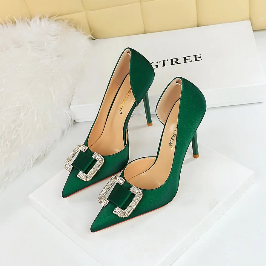BIGTREE Pumps Elegant Pointed Crystal Buckle Slim High Heel Single Shoes Women Silk Spring/Summer High Heel Pumps Wedding Dress