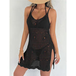 Crochet Knitted Hollow Out Halter Mini Dress Tunic Beach Cover Up Cover-ups Beach Dress Beach Wear Beachwear Female Women V8210