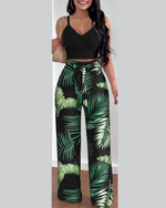 Women's Two Piece Sets Fashion Print Halter V-Neck Short Tank Suit Tops Long Pants Matching Set Summer Casual Female Slim Pants