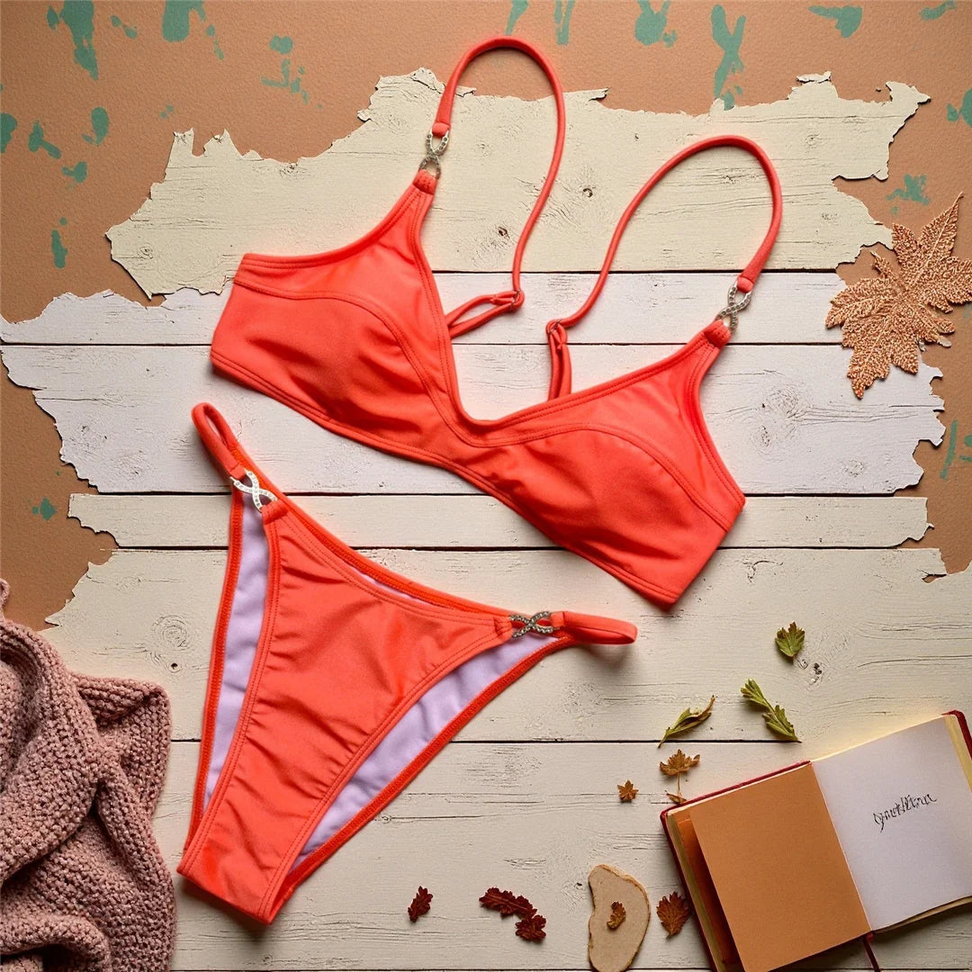 10 Colors V Neck Rhinestones Bikini Female Swimsuit Women Swimwear Padded Bather Bathing Suit Swim Two-pieces Bikini set K8138